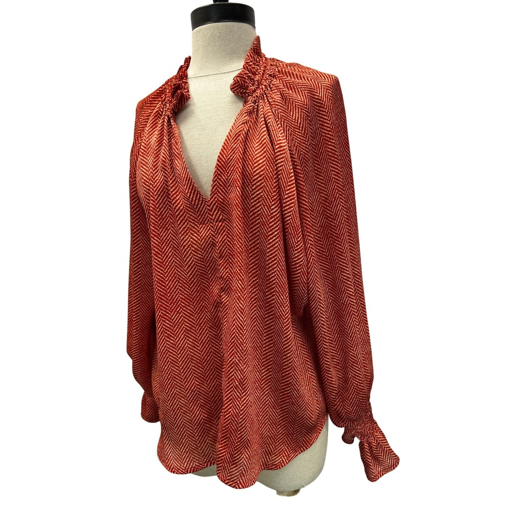 Finley Blouse Womens XS Orange Excellent Herringbone Ruffle‎ Neck Smocked Cuff